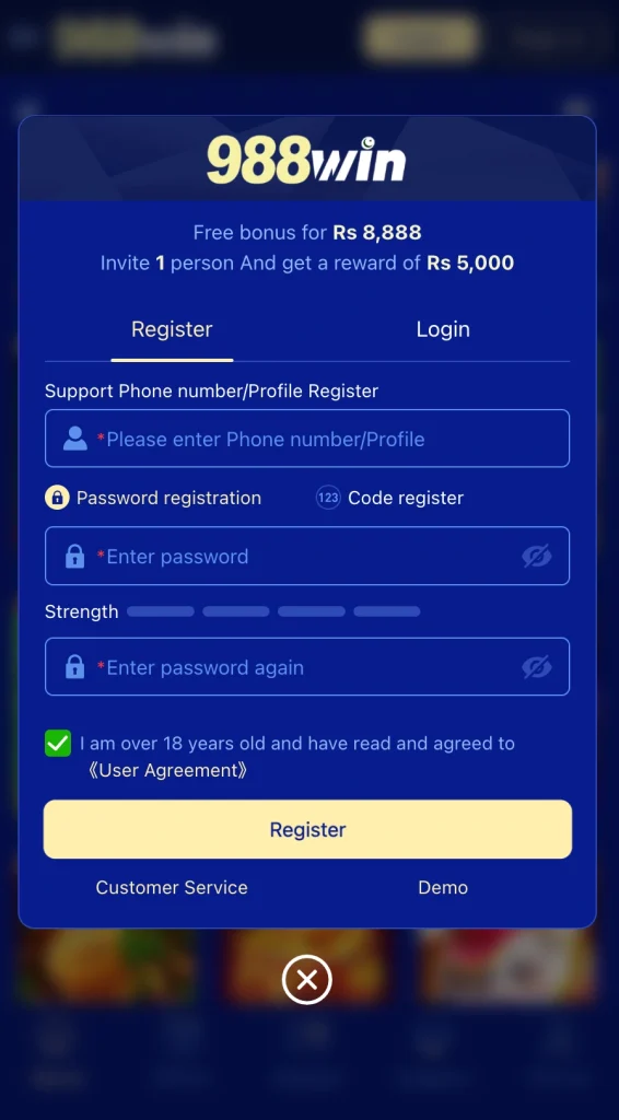988win singup interface screenshot